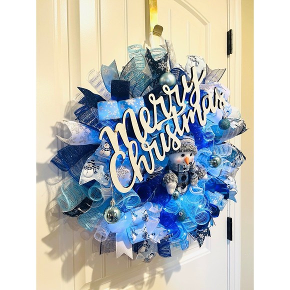 Blue Snowman Merry Christmas Ribbon Door Wreath Handmade 22 ins LED W23 - Picture 4 of 10